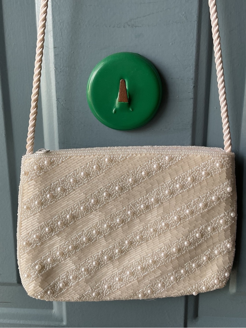 Pearl-Embellished Cream Wristlet Clutch